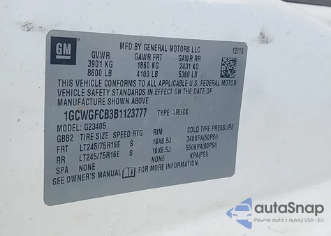 2011 Chevrolet Express 2500 Work Van z USA, uszkodzony, nr VIN 1GCWGFCB3B1123777